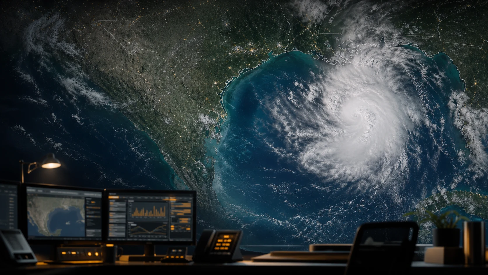 Tropical Storm Bertha over the Gulf of Mexico with an operations center monitoring the Upper Texas Coast.